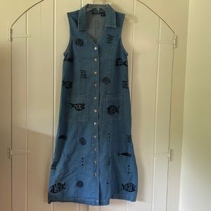 Rock Fish Print Denim Sleeveless Denim Pocket Button Down Dress